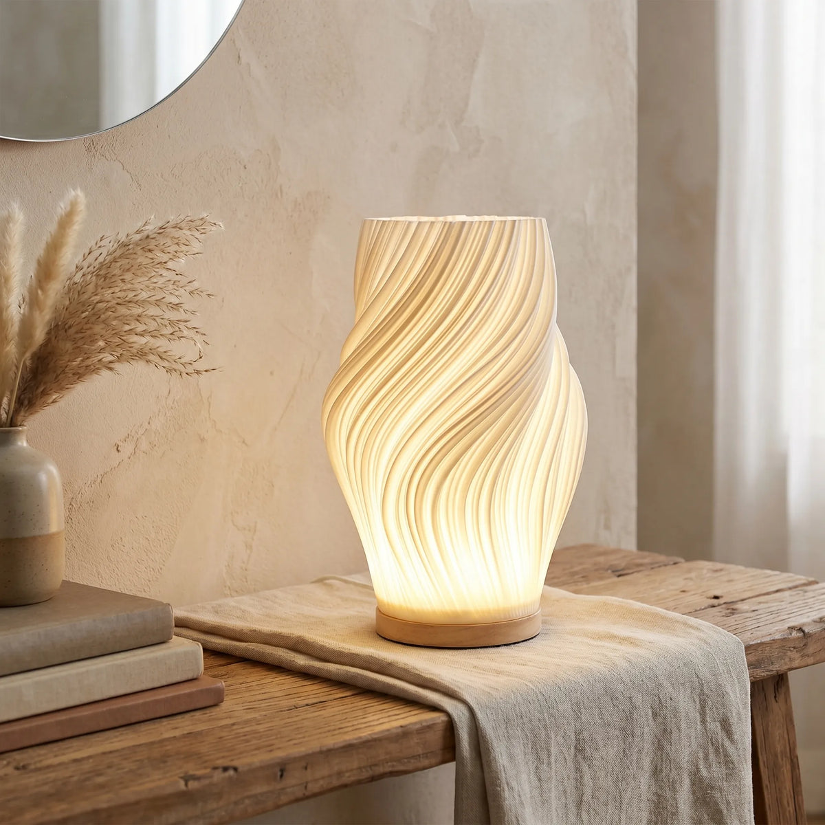 Wave Swirl Cloud Wood Base Lamp