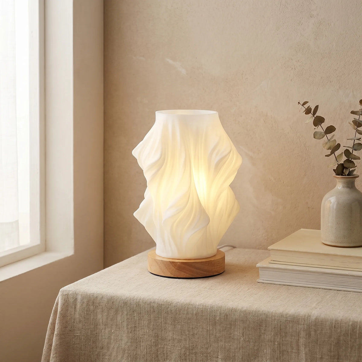Wave Swirl Cloud Wood Base Lamp