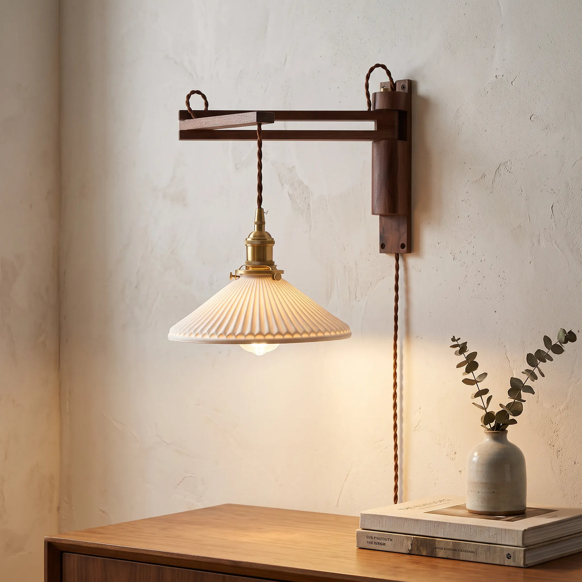 Wood Arm Ceramic Shade Wall Light