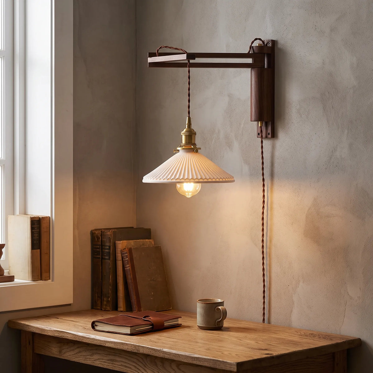 Wood Arm Ceramic Shade Wall Light