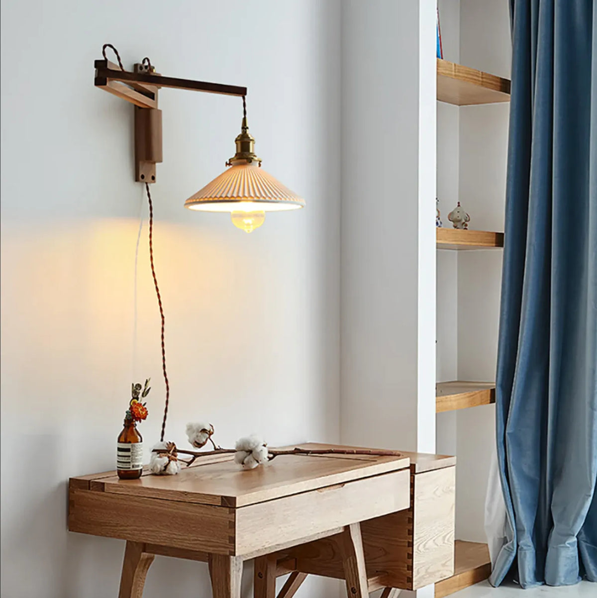 Wood Arm Ceramic Shade Wall Light